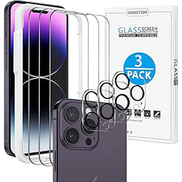 OMOTON iPhone 14 Pro Screen Protector Bundle – 3-Pack Tempered Glass & Camera Lens Protectors, Easy Install & Case Friendly Alignment for 6.1-inch Display