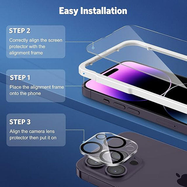 OMOTON iPhone 14 Pro Screen Protector Bundle – 3-Pack Tempered Glass & Camera Lens Protectors, Easy Install & Case Friendly Alignment for 6.1-inch Display