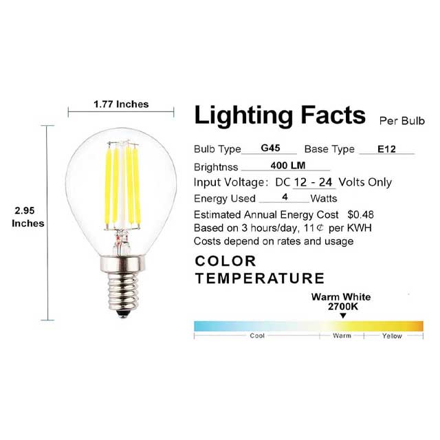 مصباح كروي صغير LED G14 من OPALRAY، 12 فولت، 4 واط، قابل للتعتيم، قاعدة شمعدان E12، أبيض دافئ 2700 كلفن، بديل متوهج 40 واط، مثالي لأنظمة الطاقة الشمسية وبطارية 12 فولت