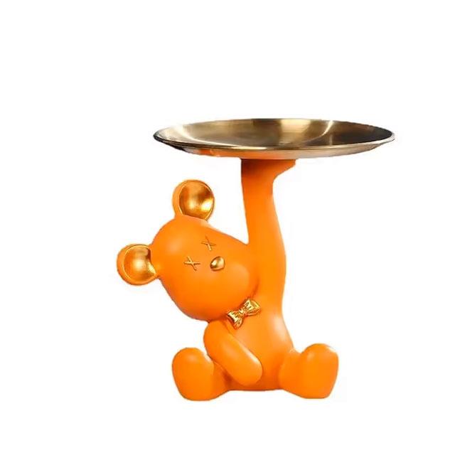 Orange Light Luxury Bear Tray | Entrance Shoe Cabinet & Key Storage Tray | 17x15cm Resin Decor for Living Room & Office Desktop