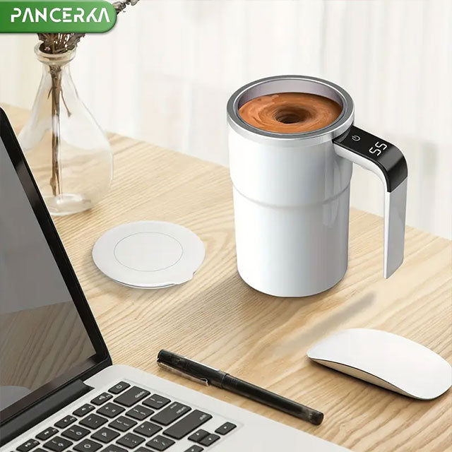 PANCERKA Rechargeable Self-Stirring Coffee Mug with Temperature Display – USB Charging, Sealed Travel Tumbler for Milk, Chocolate & Mocha