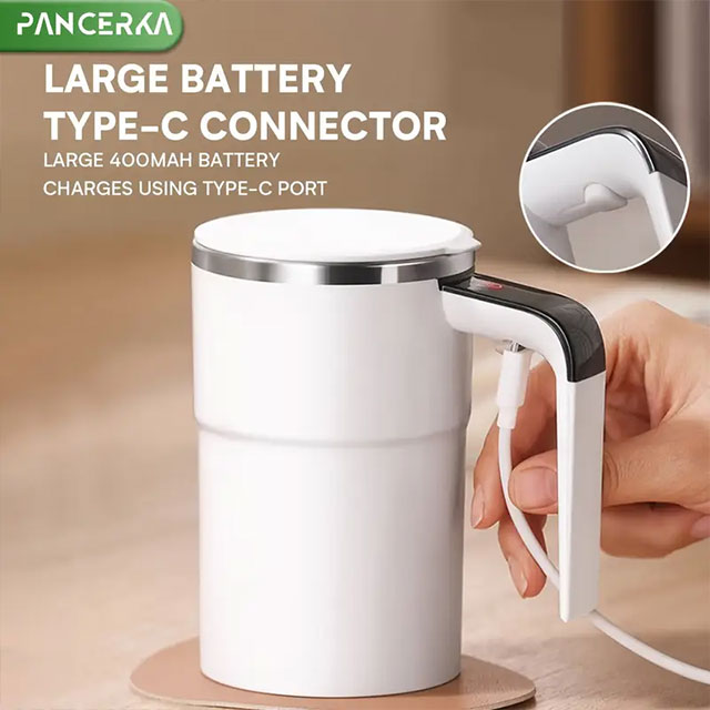 PANCERKA Rechargeable Self-Stirring Coffee Mug with Temperature Display – USB Charging, Sealed Travel Tumbler for Milk, Chocolate & Mocha