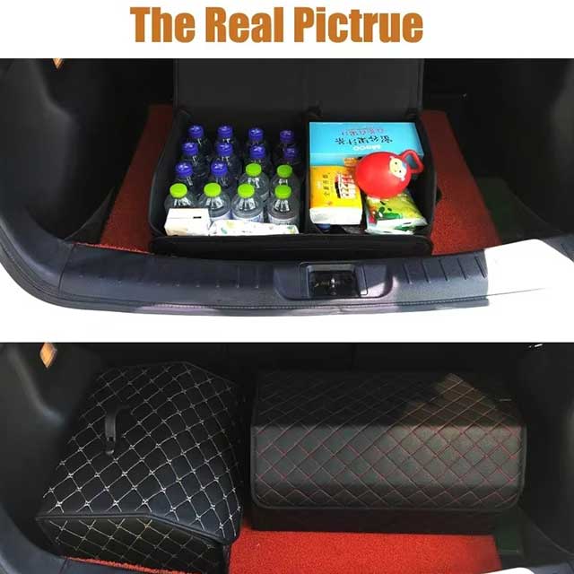 PU Leather Collapsible Car Trunk Organizer – Durable Vehicle Storage Box with White Stitching & Handles | Cargo Carrier by Amagi