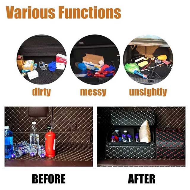 PU Leather Collapsible Car Trunk Organizer – Durable Vehicle Storage Box with White Stitching & Handles | Cargo Carrier by Amagi