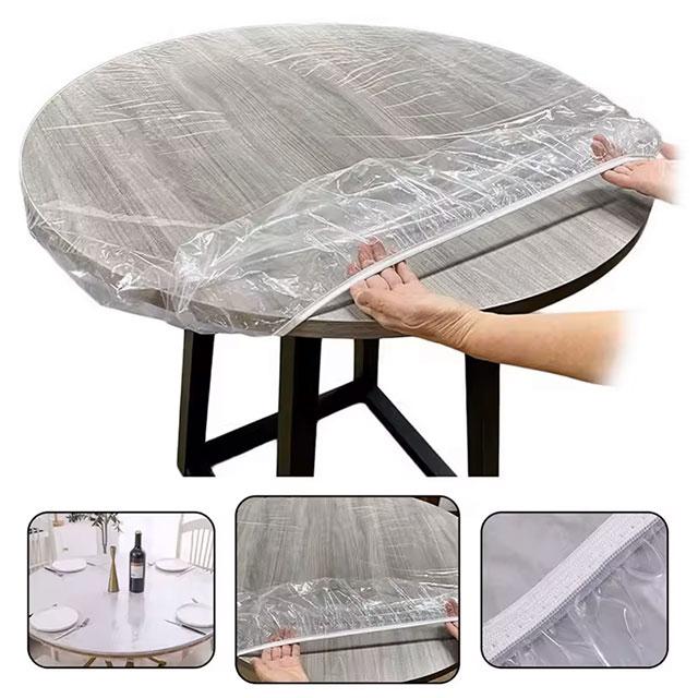 PVC Fitted Round Elastic Tablecloth – Transparent Waterproof & Oil-Proof Table Cover Protector for Dining Table & Home Use