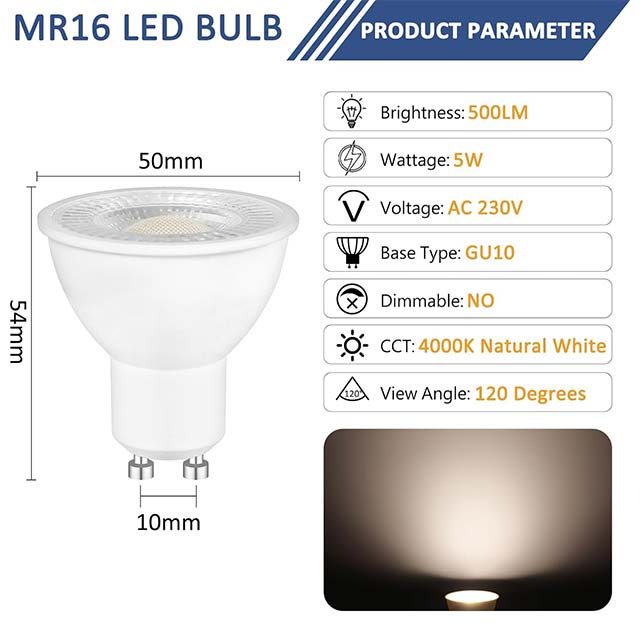 Pack of 6 GU10 LED Light Bulbs – Natural White 4000K, 5W, 500 Lumens with 120° Beam Angle, MR16 230V Reflector Lamp, Replaces 50W Halogen, Non-Dimmable