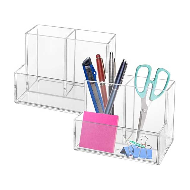 Clear Acrylic Pen Holder for Desk – 3-Compartment Pencil Organizer & Makeup Brush Holder with Sticky Notes Slot – Desk Accessories for Office, Art Supplies & Vanity Storage (1pc)