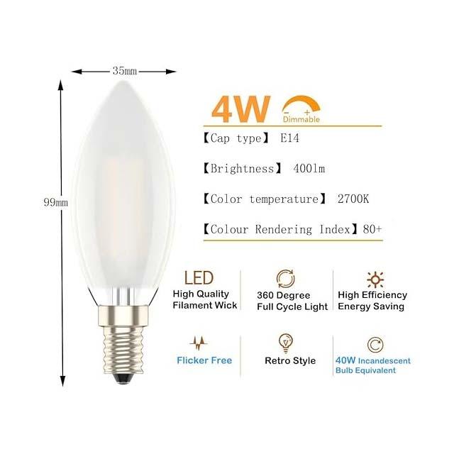 Phoenix E14 LED Candle Bulbs - 4W (40W Equivalent), Warm White 2700K, 400lm - Energy-Efficient, Pack of 6