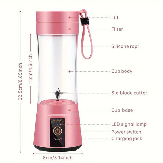 Portable USB Blender Cup – Mini Electric Juicer for Smoothies, Shakes & Juice – 12.85oz, 6-Blade, Rechargeable & Travel-Friendly