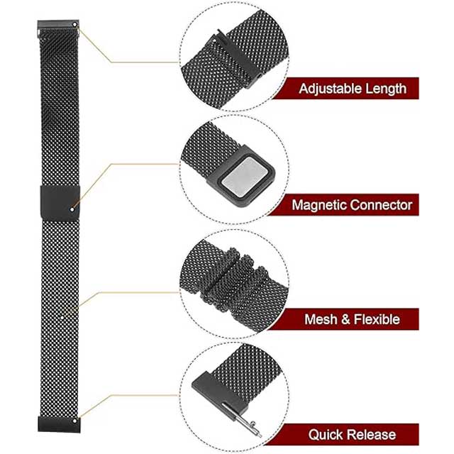 Premium Black Stainless Steel Mesh Watch Band – Quick Release Adjustable Strap with Magnetic Buckle for Men & Women