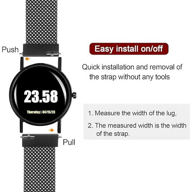 Premium Black Stainless Steel Mesh Watch Band – Quick Release Adjustable Strap with Magnetic Buckle for Men & Women