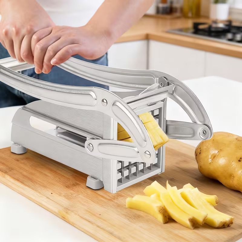 Professional Stainless Steel French Fry Cutter & Vegetable Slicer – Heavy-Duty Potato Chipper with Non-Slip Suction Feet – Includes 2 Interchangeable Blades for Carrots, Cucumbers, and Perfect Fries