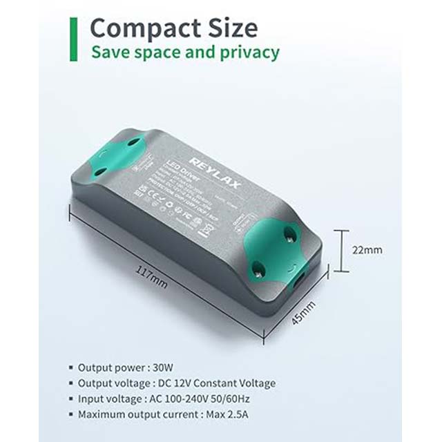 REYLAX 12V 30W LED Driver Power Supply - Slim AC to DC 12V Constant Voltage Adapter, 100/240V Input, 2.5A for LED Strip Lights and Low Voltage LED Transformers