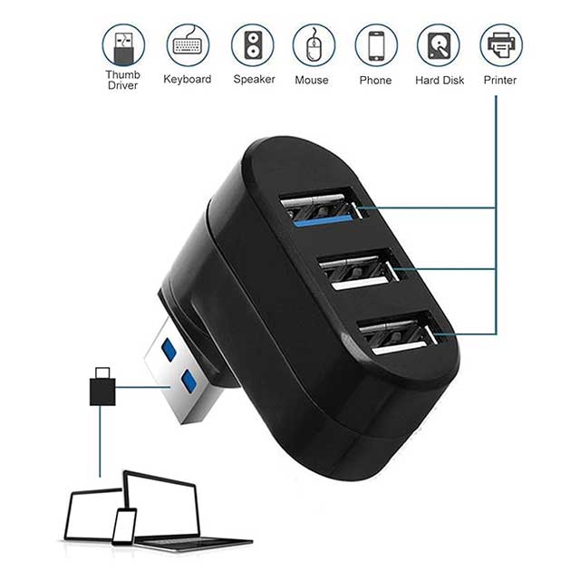 Rotatable USB Hub Splitter – 3-Port USB 2.0/3.0 Adapter with 90°/180° Swivel Design | Plug & Play, Hot Swap Supported USB Expander for Laptop & PC