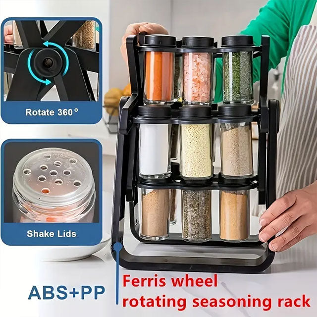 Rotating Ferris Wheel Spice Rack Set – 18 Glass Seasoning Jars & Bottles, Stylish Kitchen Organizer for Spices & Herbs