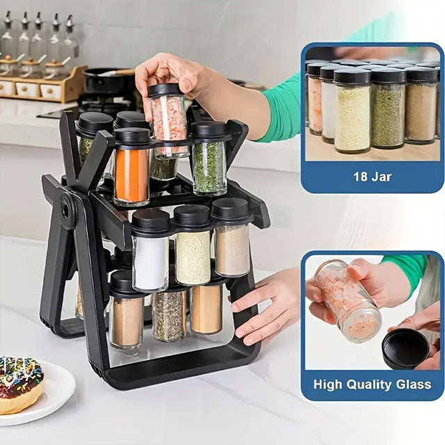 Rotating Ferris Wheel Spice Rack Set – 18 Glass Seasoning Jars & Bottles, Stylish Kitchen Organizer for Spices & Herbs