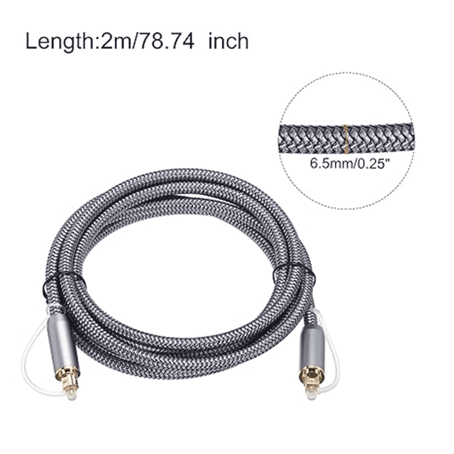 6.5 FT 360° Rotating Fiber Optic Audio Cable – Gold-Plated Digital Optical Link with Nylon Metal Shell for TV, DVD, Amplifier & Stereo – Silver