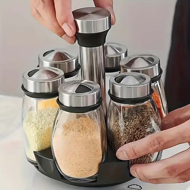 360° Rotating Single & Double-Layer Spice Storage Rack Tower Set with 6/12 Glass Spice Jars for Kitchen Cabinet & Countertop Organization