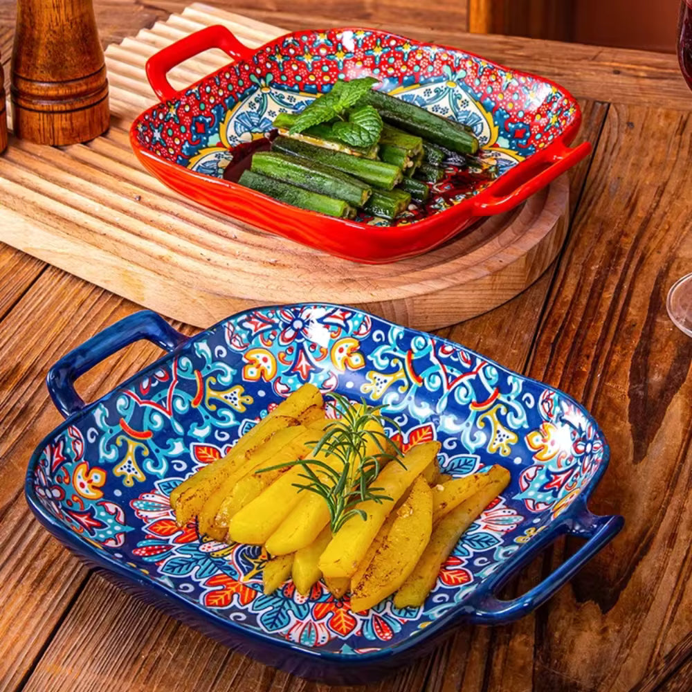 9-Inch Bohemian Style Ceramic Salad Plate - Double Ear Pasta Dish for Oven and Microwave