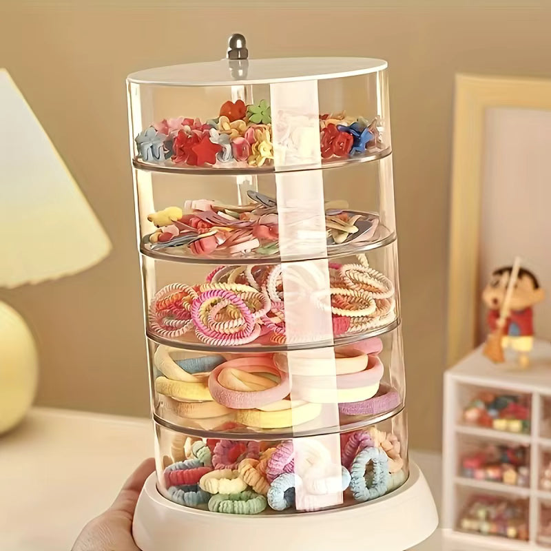 5-Layer Rotating Jewelry Organizer & Hair Accessory Box – 360° Spin Cosmetic Display Case – Compact Multi-Tier Storage for Earrings, Rings, and Hair Ties – Dust-Proof Dressing Table Vanity Station