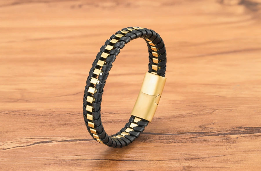 Bracelet homme en cuir noir tressé (EGBT108)
