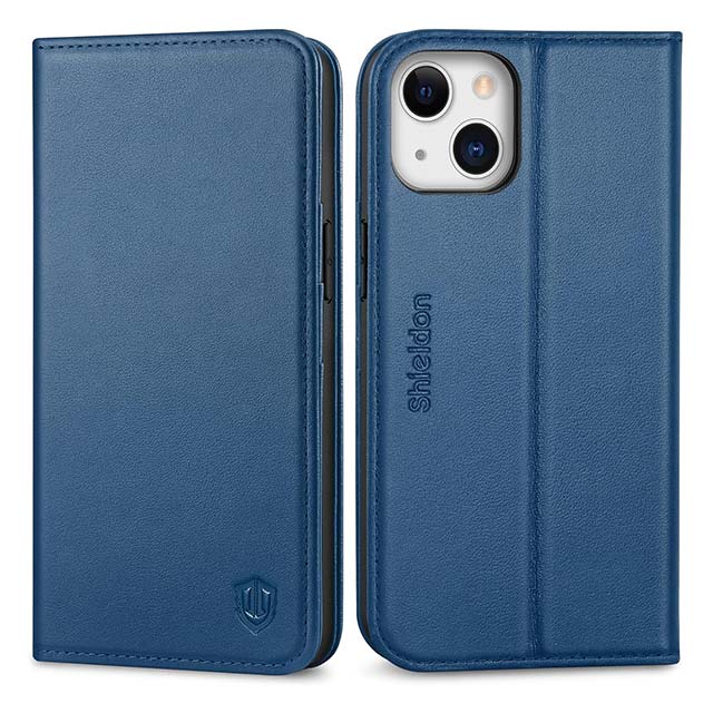 SHIELDON Genuine Leather Wallet Case for iPhone 13 – RFID Blocking Folio with Card Slots, Magnetic Closure, TPU Shockproof & Kickstand Flip Cover (Blue, 5G 2021)