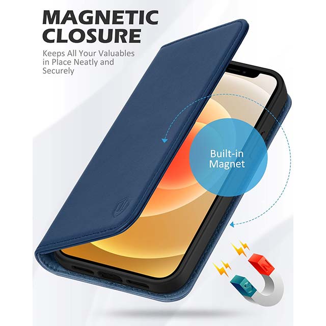 SHIELDON Genuine Leather iPhone 12/12 Pro Case – Folio Wallet with Magnetic Kickstand, RFID Blocking Card Slots & Shockproof Cover (Royal Blue, 6.1”)
