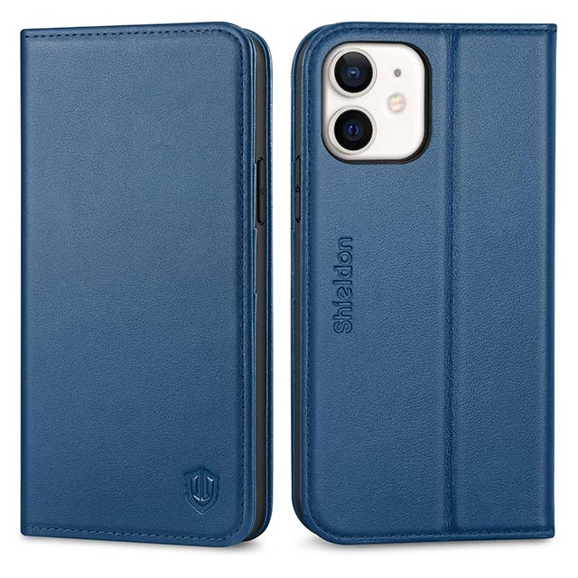 SHIELDON Genuine Leather iPhone 12/12 Pro Case – Folio Wallet with Magnetic Kickstand, RFID Blocking Card Slots & Shockproof Cover (Royal Blue, 6.1”)