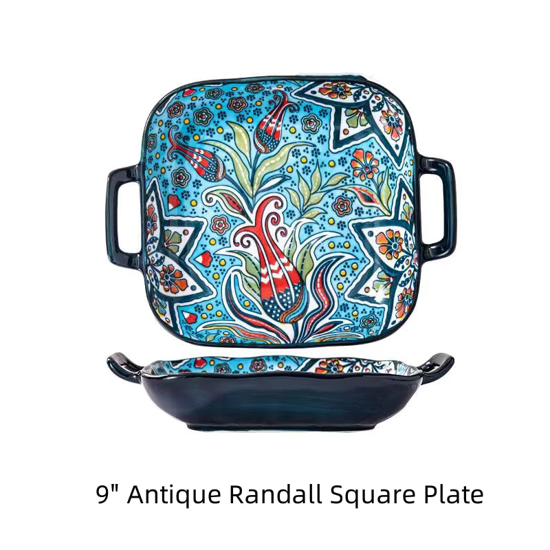9-Inch Bohemian Style Ceramic Salad Plate - Double Ear Pasta Dish for Oven and Microwave