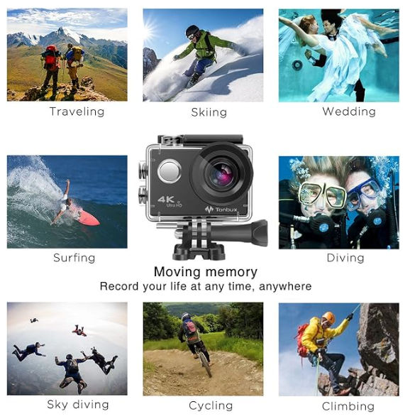 Tonbux 4K WiFi Waterproof Action Camera – 170° Wide Angle Sports Camera with 2" Display, Dual Batteries & Accessory Kit for Diving, Cycling & Motorcycling
