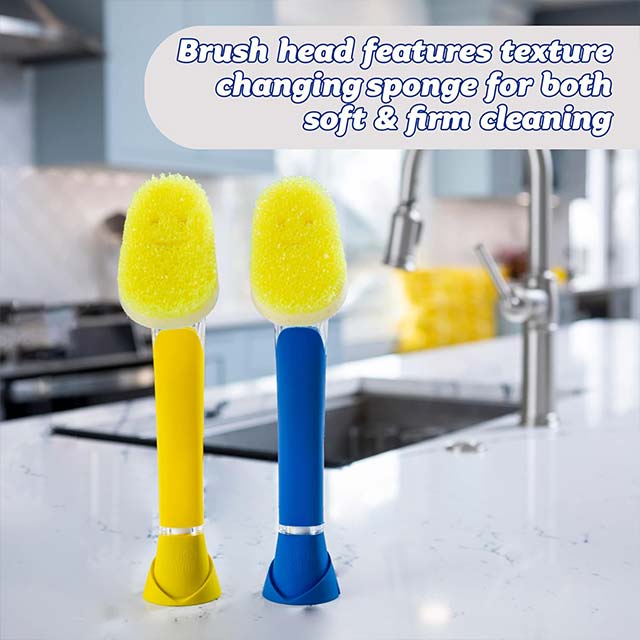 Scrub Dish Daddy Wand – Soap Dispensing Dish Brush with Handle, Multi-Texture Sponge, Scraper & Detachable Head – Blue