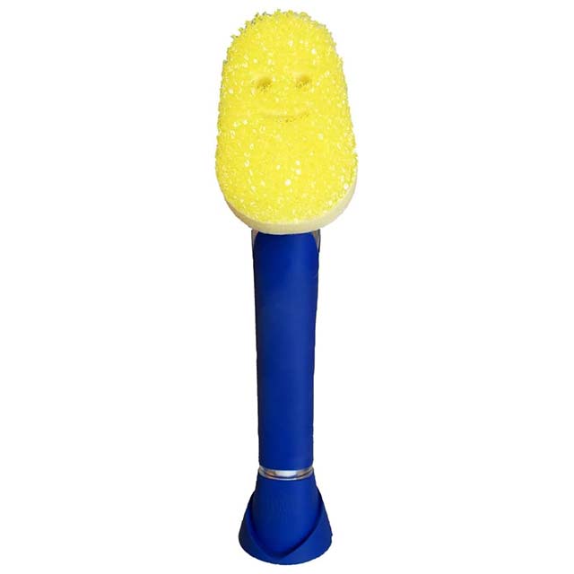 Scrub Dish Daddy Wand – Soap Dispensing Dish Brush with Handle, Multi-Texture Sponge, Scraper & Detachable Head – Blue