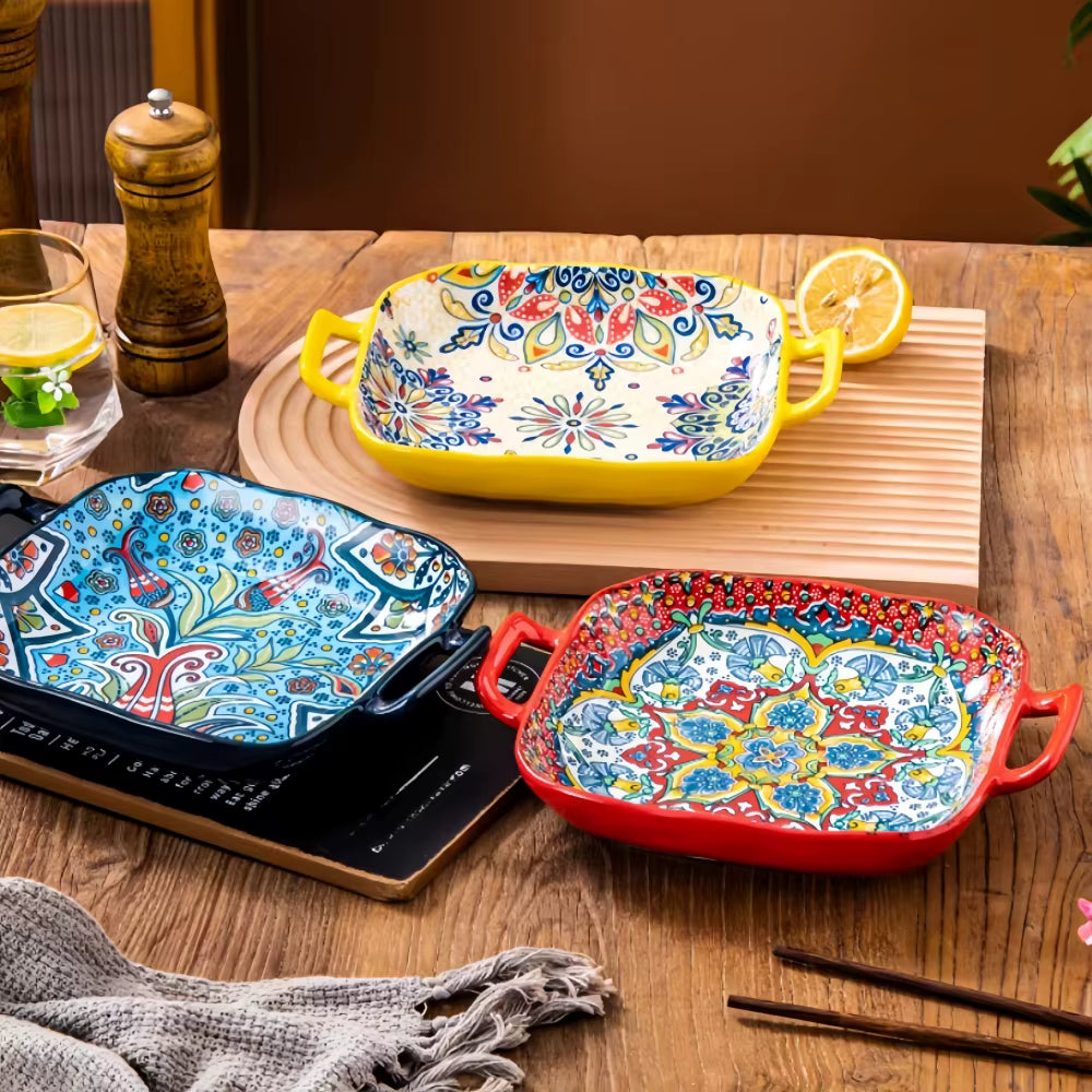 9-Inch Bohemian Style Ceramic Salad Plate - Double Ear Pasta Dish for Oven and Microwave