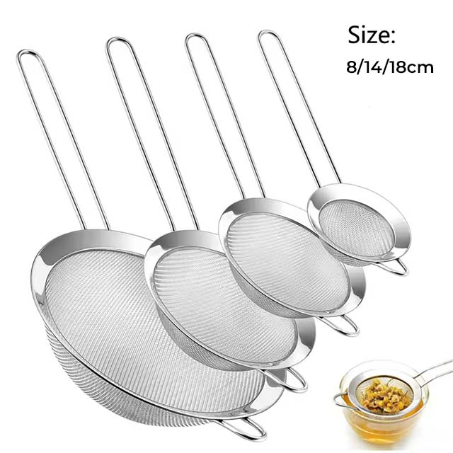 Stainless Steel Fine Mesh Strainer Set (8cm/14cm/18cm) – Oil Strainer, Flour Sieve & Sifter for Baking & Cooking