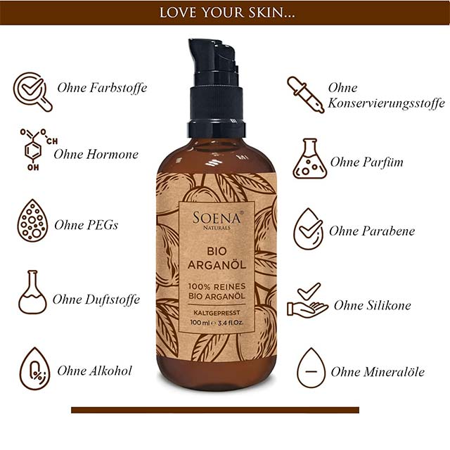 Soena Naturals Organic Argan Oil – Cold Pressed 100% Pure Moroccan Argan Oil for Hair, Skin & Nails, 100ml in Light-Protected Brown Glass with Pipette & Pumper
