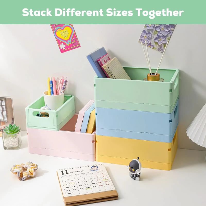 Stackable Folding Storage Bins with Lids – Collapsible Double-Door Cabinet Organizer with Wheels – Multi-Purpose Plastic Toy Box & Desktop Stationery Container for Home, Office, and Nursery