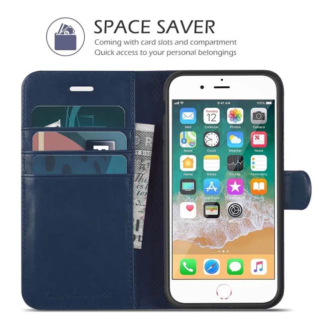 TUCCH Blue Leather Folio Wallet Case for iPhone 7/8 4.7" – Flip Cover with Kickstand, Magnetic Closure, TPU Inner Shell & Card Slots