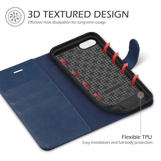 TUCCH Blue Leather Folio Wallet Case for iPhone 7/8 4.7" – Flip Cover with Kickstand, Magnetic Closure, TPU Inner Shell & Card Slots