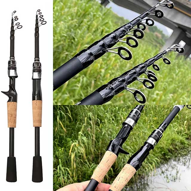 Telescopic Carbon Lure Fishing Rod – 1.5M–2.4M Spinning & Baitcasting Pole with Wooden Handle, 8g–25g Casting Tackle