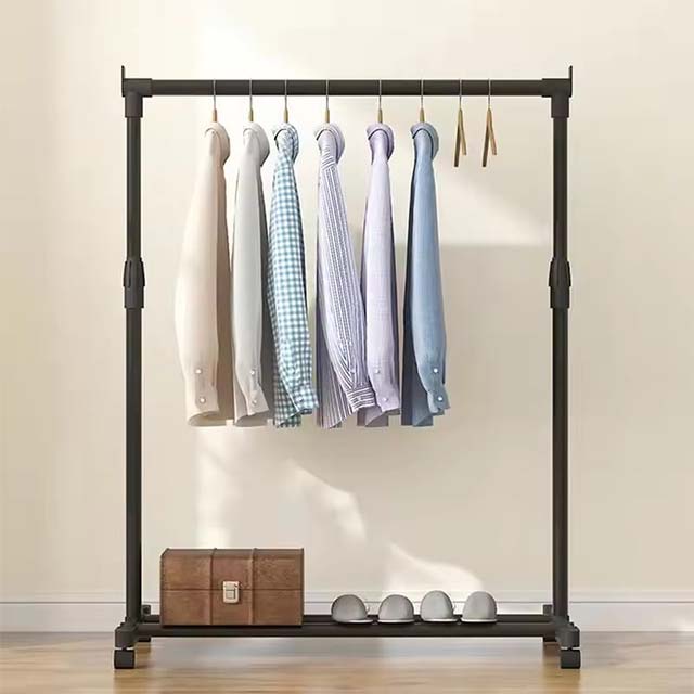 Heavy-Duty Telescopic Clothes Rack – Movable Metal Garment Hanger with Wheels for Bedroom Storage
