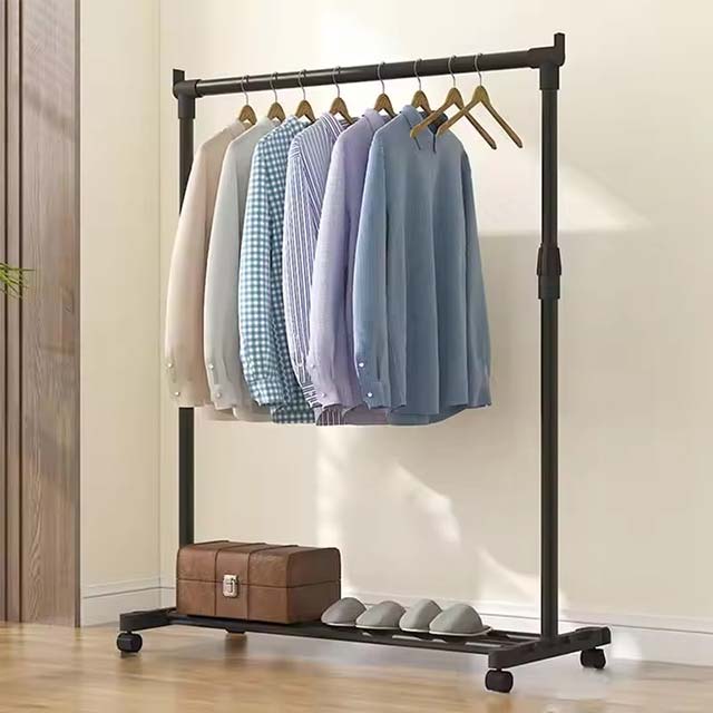 Heavy-Duty Telescopic Clothes Rack – Movable Metal Garment Hanger with Wheels for Bedroom Storage