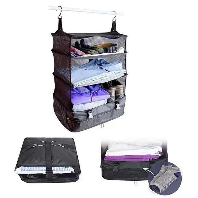 Triple Hanging Travel Organizer – Multi-Functional Folding Clothes Storage Bag for Travel, Camping & Outdoor Use