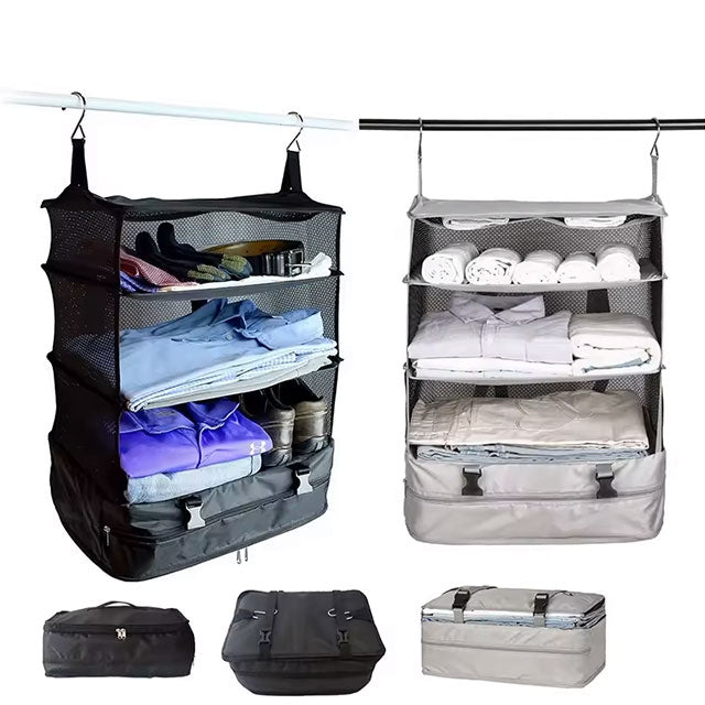 Triple Hanging Travel Organizer – Multi-Functional Folding Clothes Storage Bag for Travel, Camping & Outdoor Use