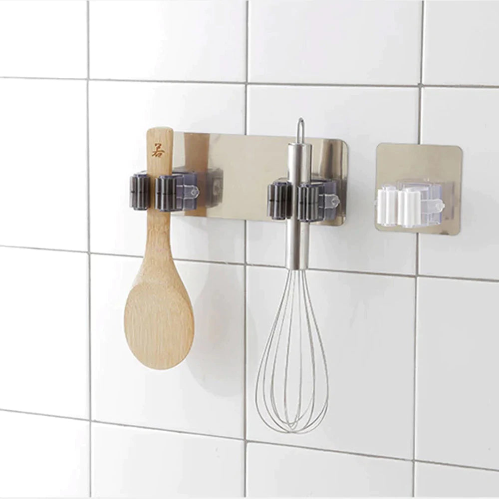 Wall Mounted Mop Holder – Self Adhesive Broom & Cleaning Tool Organizer Clips