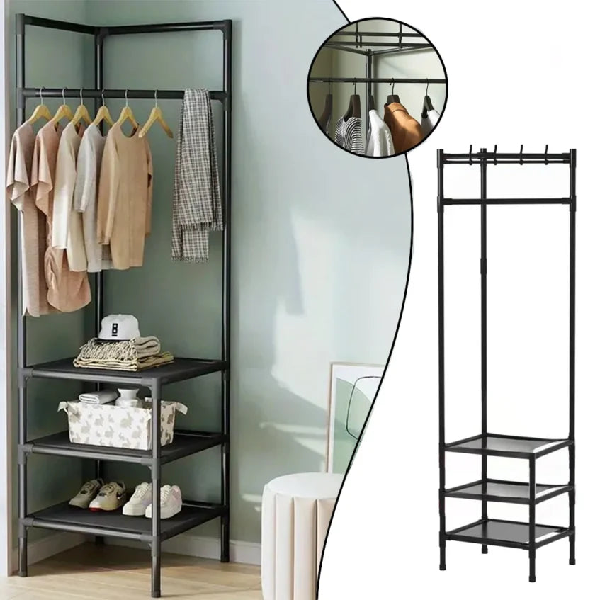 Multifunctional Corner Coat Rack with Shelves – Space Saving Clothes Organizer Stand with Shoe Storage & Double Hanging Rod