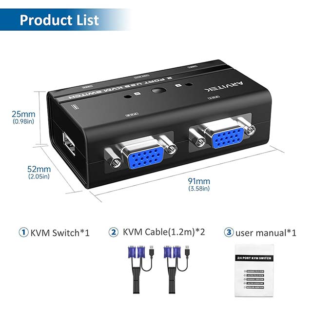 VGA KVM Switch 2 Port - USB KVM Switches 2 in 1 Out Selector for 2 PCs Share 1 Monitor and 3 USB Devices Keyboard Mouse Printer Scanner Speaker