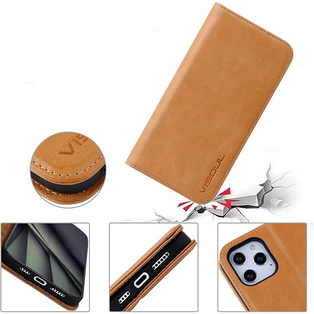 VISOUL Genuine Italian Leather iPhone 12 Pro Case – Flip Folio Wallet Cover with Magnetic Closure, Built-in Book Stand & Card Slots, Shockproof Protective Case for 6.1" iPhone 12/Pro in Yellow