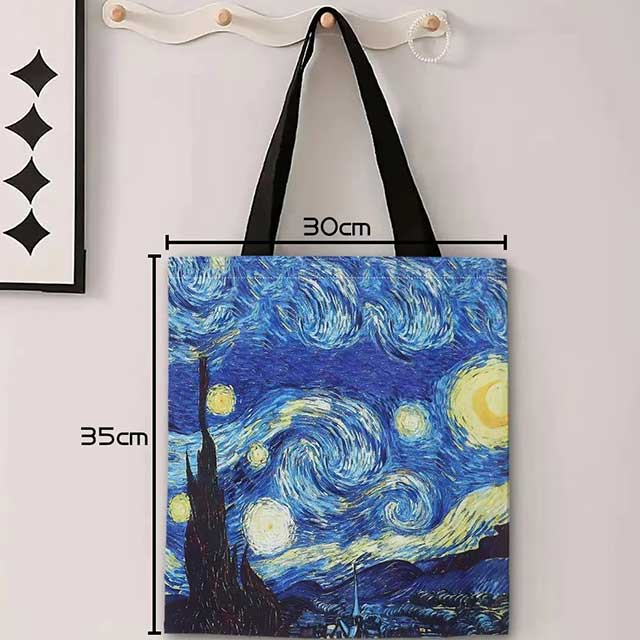Van Gogh Art Linen Shoulder Bag – Lightweight Tote with Starry Night, Sunflower & Apricot Blossom Prints