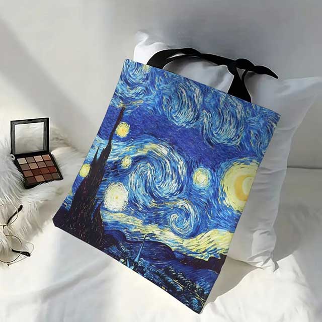 Van Gogh Art Linen Shoulder Bag – Lightweight Tote with Starry Night, Sunflower & Apricot Blossom Prints
