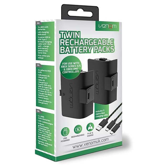 Venom Twin Pack Rechargeable Battery for Xbox Controllers – Premium Black Batteries for Xbox Series X, S & Xbox One